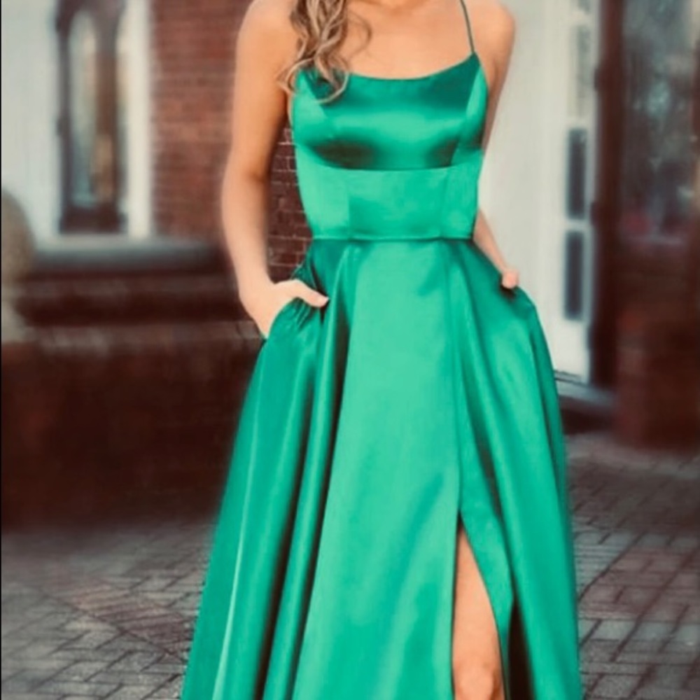 Emerald green satin prom dress